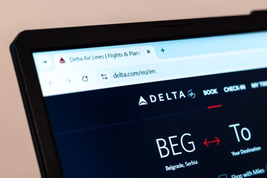 New York, USA - January 01, 2025: Official website of Delta Air Lines displayed on a laptop screen, showing flight booking options and travel services