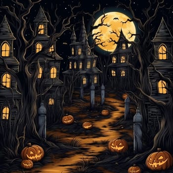 Illustrations of a Spooky House for Halloween. Colorful illustration of an old creepy haunted house. Fairytale and fantasy design. AI Generated.