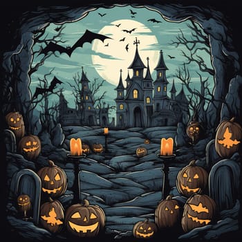 Illustrations of a Spooky House for Halloween. Colorful illustration of an old creepy haunted house. Fairytale and fantasy design. AI Generated.