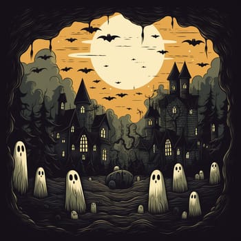 Illustrations of a Spooky House for Halloween. Colorful illustration of an old creepy haunted house. Fairytale and fantasy design. AI Generated.