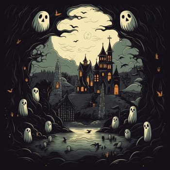 Illustrations of a Spooky House for Halloween. Colorful illustration of an old creepy haunted house. Fairytale and fantasy design. AI Generated.