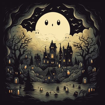 Illustrations of a Spooky House for Halloween. Colorful illustration of an old creepy haunted house. Fairytale and fantasy design. AI Generated.