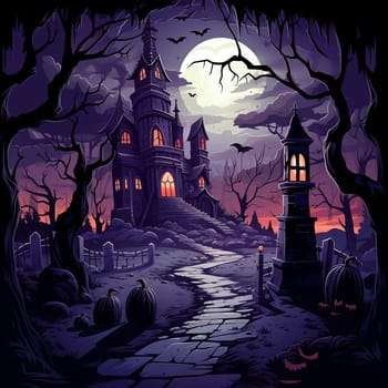 Illustrations of a Spooky House for Halloween. Colorful illustration of an old creepy haunted house. Fairytale and fantasy design. AI Generated.