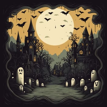 Illustrations of a Spooky House for Halloween. Colorful illustration of an old creepy haunted house. Fairytale and fantasy design. AI Generated.