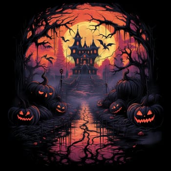 Illustrations of a Spooky House for Halloween. Colorful illustration of an old creepy haunted house. Fairytale and fantasy design. AI Generated.