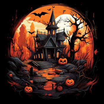 Illustrations of a Spooky House for Halloween. Colorful illustration of an old creepy haunted house. Fairytale and fantasy design. AI Generated.