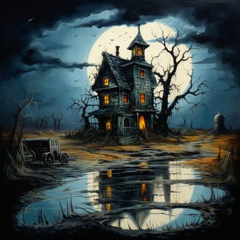 Illustrations of a Spooky House for Halloween. Colorful illustration of an old creepy haunted house. Fairytale and fantasy design. AI Generated.