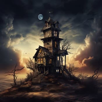 Illustrations of a Spooky House for Halloween. Colorful illustration of an old creepy haunted house. Fairytale and fantasy design. AI Generated.