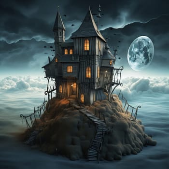 Illustrations of a Spooky House for Halloween. Colorful illustration of an old creepy haunted house. Fairytale and fantasy design. AI Generated.