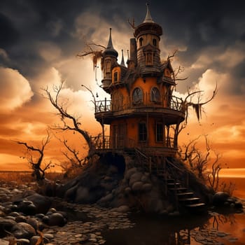 Illustrations of a Spooky House for Halloween. Colorful illustration of an old creepy haunted house. Fairytale and fantasy design. AI Generated.