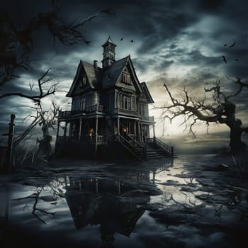 Illustrations of a Spooky House for Halloween. Colorful illustration of an old creepy haunted house. Fairytale and fantasy design. AI Generated.