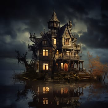 Illustrations of a Spooky House for Halloween. Colorful illustration of an old creepy haunted house. Fairytale and fantasy design. AI Generated.