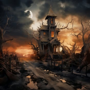 Illustrations of a Spooky House for Halloween. Colorful illustration of an old creepy haunted house. Fairytale and fantasy design. AI Generated.