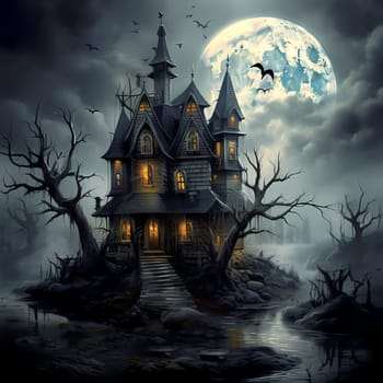 Illustrations of a Spooky House for Halloween. Colorful illustration of an old creepy haunted house. Fairytale and fantasy design. AI Generated.