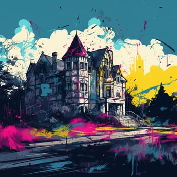 Illustrations of a Spooky House for Halloween. Colorful illustration of an old creepy haunted house. Fairytale and fantasy design. AI Generated.