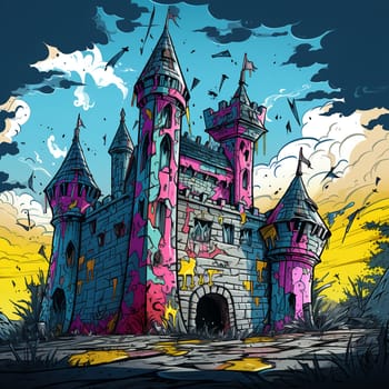 Illustrations of a Spooky House for Halloween. Colorful illustration of an old creepy haunted house. Fairytale and fantasy design. AI Generated.