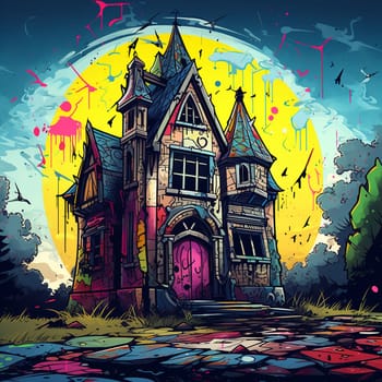 Illustrations of a Spooky House for Halloween. Colorful illustration of an old creepy haunted house. Fairytale and fantasy design. AI Generated.