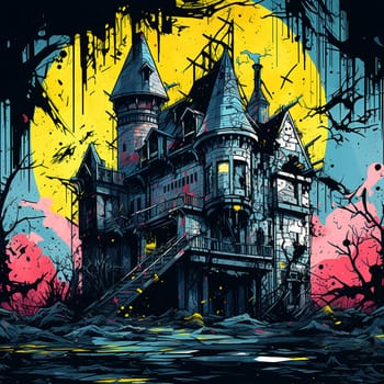 Illustrations of a Spooky House for Halloween. Colorful illustration of an old creepy haunted house. Fairytale and fantasy design. AI Generated.