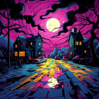 Illustrations of a Spooky House for Halloween. Colorful illustration of an old creepy haunted house. Fairytale and fantasy design. AI Generated.