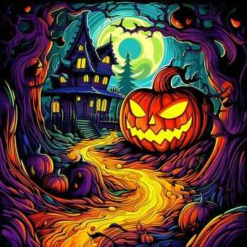 Illustrations of a Spooky House for Halloween. Colorful illustration of an old creepy haunted house. Fairytale and fantasy design. AI Generated.