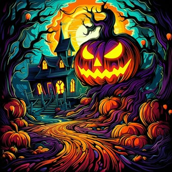 Illustrations of a Spooky House for Halloween. Colorful illustration of an old creepy haunted house. Fairytale and fantasy design. AI Generated.