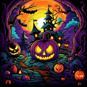 Illustrations of a Spooky House for Halloween. Colorful illustration of an old creepy haunted house. Fairytale and fantasy design. AI Generated.