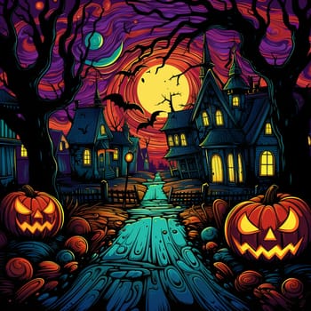 Illustrations of a Spooky House for Halloween. Colorful illustration of an old creepy haunted house. Fairytale and fantasy design. AI Generated.