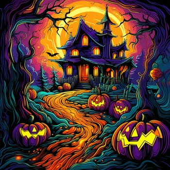 Illustrations of a Spooky House for Halloween. Colorful illustration of an old creepy haunted house. Fairytale and fantasy design. AI Generated.