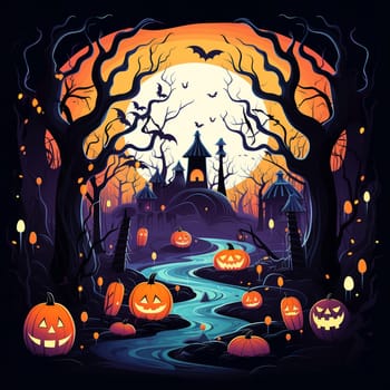 Illustrations of a Spooky House for Halloween. Colorful illustration of an old creepy haunted house. Fairytale and fantasy design. AI Generated.