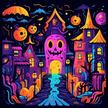 Illustrations of a Spooky House for Halloween. Colorful illustration of an old creepy haunted house. Fairytale and fantasy design. AI Generated.