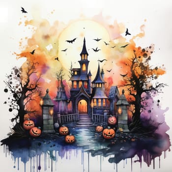 Illustrations of a Spooky House for Halloween. Colorful illustration of an old creepy haunted house. Fairytale and fantasy design. AI Generated.