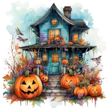 Illustrations of a Spooky House for Halloween. Colorful illustration of an old creepy haunted house. Fairytale and fantasy design. AI Generated.