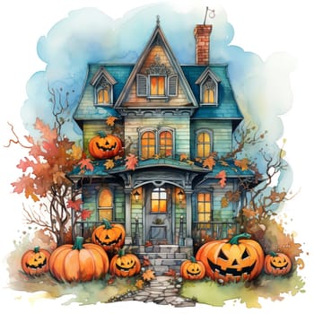 Illustrations of a Spooky House for Halloween. Colorful illustration of an old creepy haunted house. Fairytale and fantasy design. AI Generated.