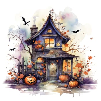 Illustrations of a Spooky House for Halloween. Colorful illustration of an old creepy haunted house. Fairytale and fantasy design. AI Generated.