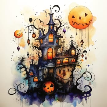 Illustrations of a Spooky House for Halloween. Colorful illustration of an old creepy haunted house. Fairytale and fantasy design. AI Generated.