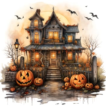 Illustrations of a Spooky House for Halloween. Colorful illustration of an old creepy haunted house. Fairytale and fantasy design. AI Generated.