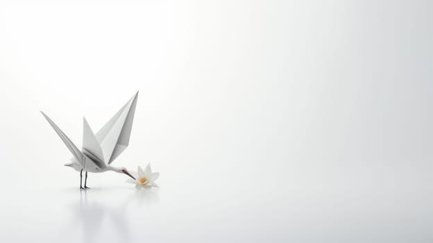 An origami bird with a flower on a white background. The bird is white and stands on two legs. The flower is yellow and in its beak. The background is white and fades to gray. A graceful and artistic image for origami, bird, or flower themes. High quality illustration