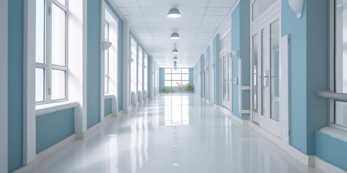 Hospital corridor with windows and blue walls, in the style of bokeh, light gray, bauhaus, light white, skillful. Generative AI image weber.