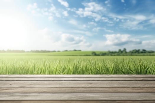 Wooden deck with green grass near landscape with sky background. Generative AI image weber.