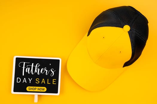 Happy Father's Day, Sale Creative promotion Poster or banner shopping with hat on yellow background.
