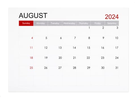August 2024 monthly calendar page isolated on white background, Saved clipping path.