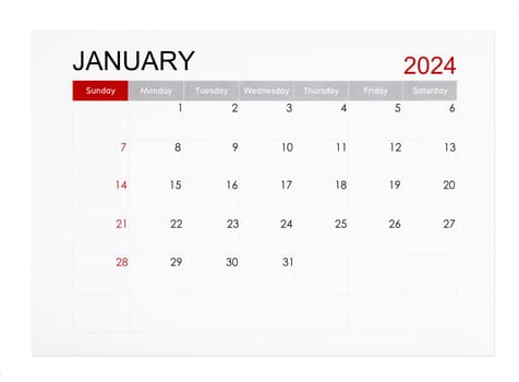 January 2024 monthly calendar page isolated on white background, Saved clipping path.