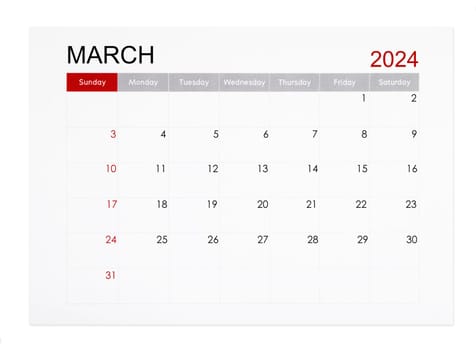March 2024 monthly calendar page isolated on white background, Saved clipping path.