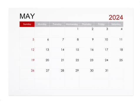 May 2024 monthly calendar page isolated on white background, Saved clipping path.