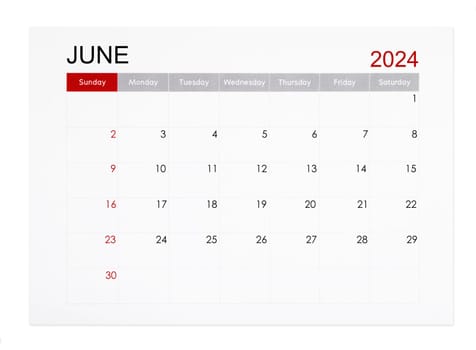June 2024 monthly calendar page isolated on white background, Saved clipping path.