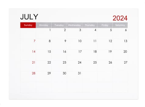 July 2024 monthly calendar page isolated on white background, Saved clipping path.