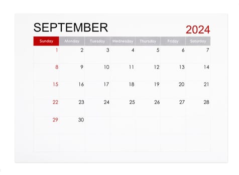 September 2024 monthly calendar page isolated on white background, Saved clipping path.