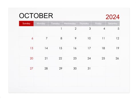 October 2024 monthly calendar page isolated on white background, Saved clipping path.