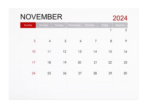 November 2024 monthly calendar page isolated on white background, Saved clipping path.