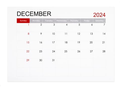 December 2024 monthly calendar page isolated on white background, Saved clipping path.